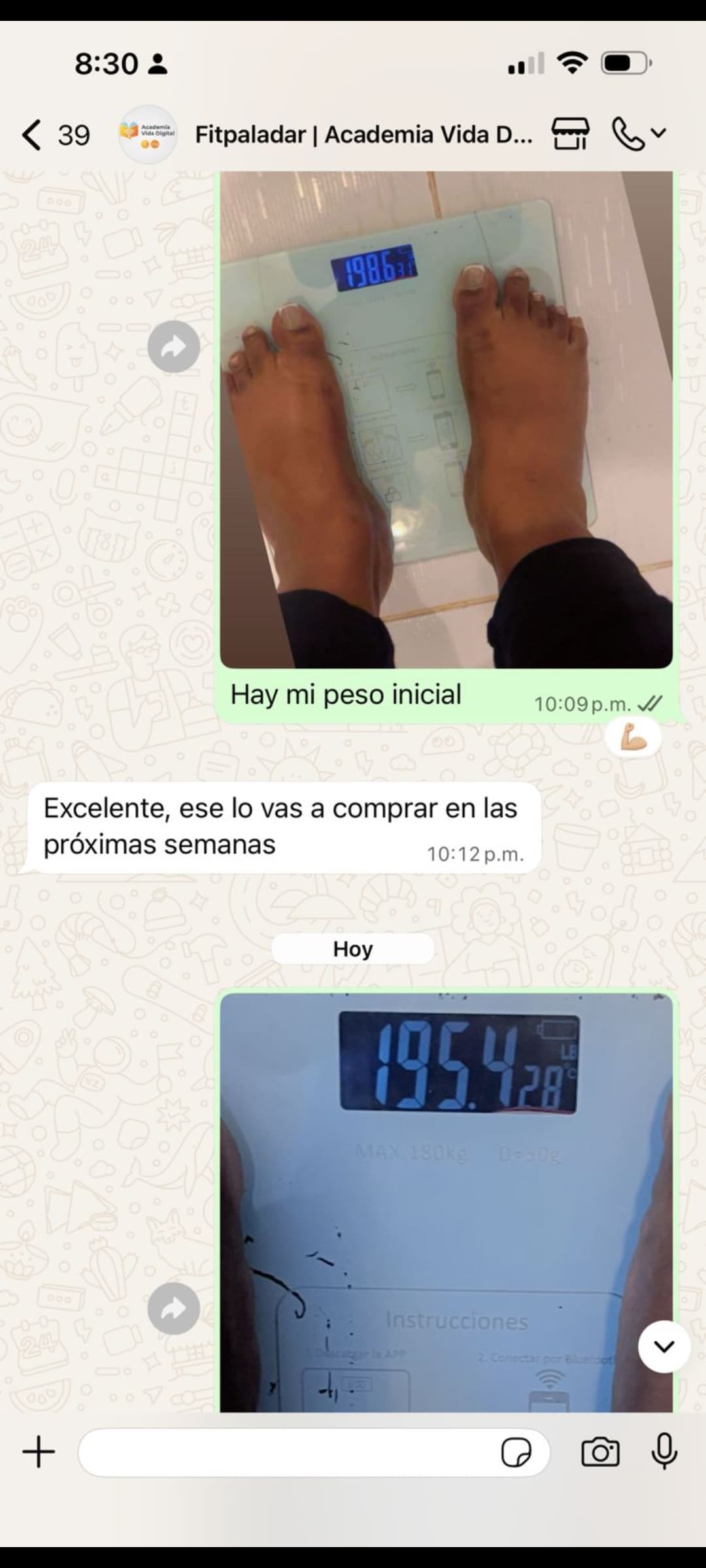 Captura real de seguimiento de peso con respuesta del equipo de acompañamiento
