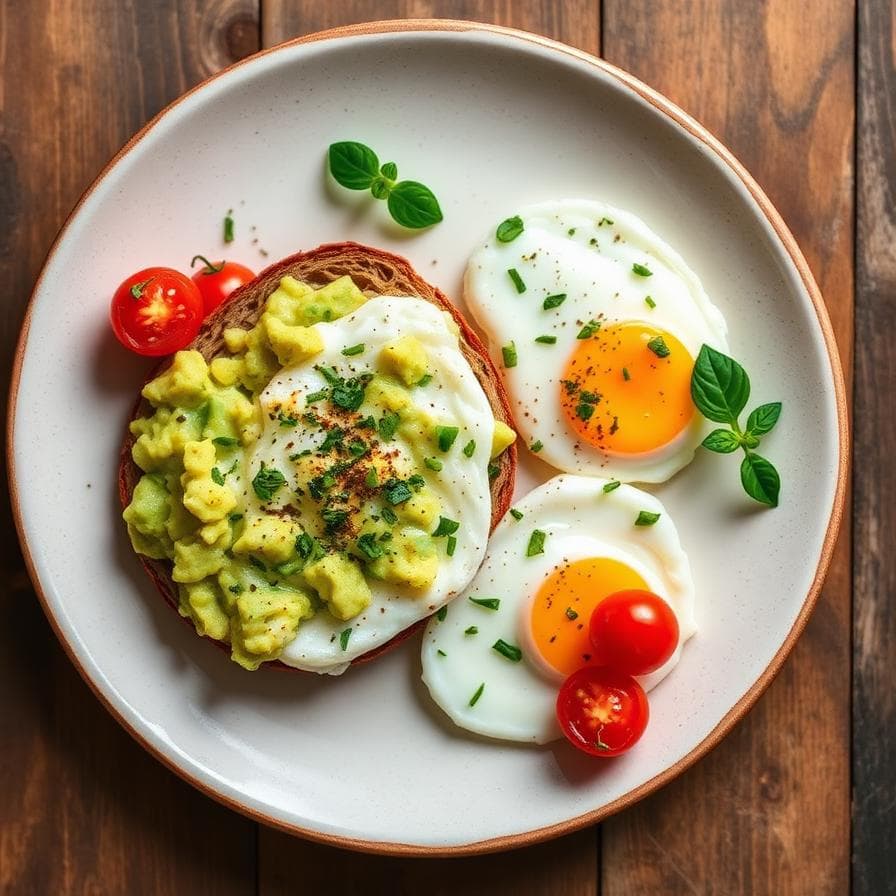 Huevos con aguacate y tostada